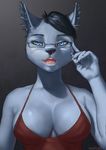  2014 black_hair black_nose blue_eyes breasts bust cat clothing cute dress eyewear feline female front fur glasses gradient_background grey_background grey_fur hair looking_at_viewer mammal nails open_mouth plain_background seductive short_hair solo white_nails wolvalix 