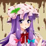  bangs blush bow food food_on_head hair_bow hair_ribbon hat ice_cream ifuji_sakura long_hair looking_at_viewer mint mouth_hold object_on_head patchouli_knowledge purple_eyes purple_hair ribbon sidelocks solo spoon spoon_in_mouth touhou tress_ribbon upper_body wafer wing_collar 