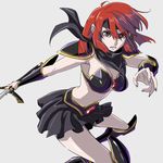  armor bikini_armor black_skirt boots grey_background headband kirishima_reiko knee_boots mugen_senshi_valis pauldrons red_eyes red_hair scarf serious short_hair skirt solo sword weapon yazwo 