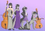  anthro black_hair bow bow_(stringed_instrument) bow_tie breasts cello cleavage clothed clothing cutie_mark dress earth_pony equine female feral friendship_is_magic group hair hand_on_hip heels hi_res horse human jonfawkes long_hair looking_at_viewer looking_back mammal musical_instrument my_little_pony octavia_(mlp) pony purple_background purple_eyes standing 