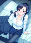  bed black_hair blush breasts brown_eyes cleavage crossed_legs kazaoka_mari large_breasts long_hair looking_at_viewer miyai_sen office_lady pantyhose ponytail sitting solo white_album_2 