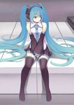 aqua_eyes aqua_hair blush boots detached_sleeves full_body hatsune_miku headphones headset highres long_hair minigirl necktie number piano_keys pleated_skirt sitting skirt sleeves_past_wrists smile solo sonikey0_0 sparkle thigh_boots thighhighs twintails v_arms very_long_hair vocaloid 