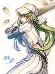  baseball_bat baseball_cap baseball_uniform c.c. cheese-kun code_geass creayus green_hair hat long_hair ponytail ribbon solo sportswear yellow_eyes 