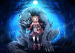  1girl apple basket big_bad_wolf_(grimm) blonde_hair claws food fruit full_moon grimm's_fairy_tales hood little_red_riding_hood little_red_riding_hood_(grimm) looking_at_viewer lulu_season luluseason midriff moon night red_eyes skirt tree wolf 