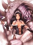  1girl apron armor bare_shoulders black_hair breasts center_opening cleavage detached_sleeves facial_mark forehead_mark french_maid_nidalee fumio_(rsqkr) league_of_legends lips maid maid_headdress medium_breasts nidalee polearm ponytail red_eyes rengar scar spear weapon 