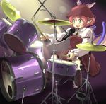  animal_ears bad_id bad_pixiv_id bird_wings brown_dress dress drum drum_set drumsticks hat instrument juliet_sleeves long_sleeves mystia_lorelei nise_nanatsura open_mouth puffy_sleeves red_hair shirt sitting smile solo touhou wings yellow_eyes 