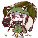  alternate_costume blush boots chibi frog_raincoat grass highres hood kantai_collection leaf_umbrella nuu_(nu-nyu) puddle purple_eyes rain re-class_battleship rubber_boots shinkaisei-kan short_hair silver_hair smile stone tail water 