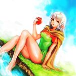  apple arm_support bad_id bad_pixiv_id barefoot blue_sky braid cloak cloud cloudy_sky day dragon's_crown dutch_angle elf elf_(dragon's_crown) food fruit grass hood kokouno_oyazi legs long_hair no_lineart open_mouth outdoors pointy_ears sitting sky soaking_feet solo thighs twin_braids water wet yellow_eyes 