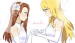  bad_id bad_pixiv_id blonde_hair brown_hair dress elbow_gloves english flower gloves green_eyes hair_ornament hairband hisakawa_riho hoshii_miki idolmaster idolmaster_(classic) jewelry long_hair minase_iori multiple_girls necklace proposal putting_on_jewelry red_eyes ring wedding wedding_band wedding_dress wife_and_wife yuri 