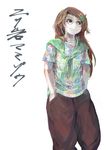  :3 brown_eyes brown_hair casual character_name contemporary futatsuiwa_mamizou futatsuiwa_mamizou_(human) hair_ornament hairclip hands_in_pockets ichiba_youichi leaf long_hair shirt smile solo t-shirt touhou translated 