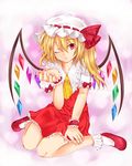  absurdres blonde_hair blown_kiss bobby_socks bow crystal fingernails flandre_scarlet hair_bow hand_on_leg hat highres jun2onod kneeling mob_cap nail_polish puffy_short_sleeves puffy_sleeves red_eyes red_footwear red_skirt shoes short_hair short_sleeves side_ponytail skirt socks solo touhou wince wings wrist_cuffs 