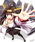  bad_id bad_pixiv_id banned_artist bare_shoulders black_legwear blouse blue_eyes boots brown_hair cannon detached_sleeves double_bun hair_ornament hairband headgear japanese_clothes kantai_collection kisaragi_zwei kongou_(kantai_collection) long_hair nontraditional_miko open_mouth skirt smile solo thigh_boots thighhighs turret 