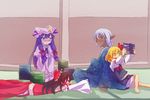  3girls blonde_hair blush book bow brown_hair buront crossover detached_sleeves dress final_fantasy final_fantasy_xi hair_bow hair_ribbon hair_tubes hakurei_reimu long_hair long_sleeves multiple_girls open_mouth patchouli_knowledge purple_hair ribbon rumia short_hair silver_hair sweatdrop the_iron_of_yin_and_yang touhou yukimichi_(yki) 