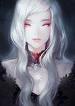  albino black_dress breasts choker cleavage dress face glowing glowing_eyes highres light_smile lips long_hair looking_at_viewer original pale_skin parted_lips patipat_asavasena pink_eyes realistic red_eyes revision sidelocks small_breasts snowflakes solo upper_body vampire white_hair 