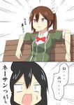  2girls bench black_hair blazer bow bowtie brown_hair chikuma_(kantai_collection) comic emphasis_lines hair_ornament hair_ribbon highres jacket kantai_collection kuso_miso_technique multiple_girls red_bow red_neckwear ribbon school_uniform short_sleeves simple_background sitting sketch surprised tone_(kantai_collection) translated twintails ukami white_background white_ribbon world_cup yaranaika 