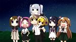  6+girls asymmetrical_hair black_hair blonde_hair brown_hair carrying chibi everyone ghost gokukoku_no_brynhildr hair_ornament hairclip hands_on_hips headband kazumi_schlierenzauer kuroha_neko long_hair multiple_girls murakami_ryouta night night_sky piggyback pink_hair rinnya sky smile star_(sky) tachibana_kana takatori_kotori tokou_nanami twintails very_long_hair wakabayashi_hatsuna yawning 