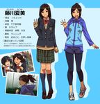  black_hair blazer blush brown_eyes brown_hair character_name fujikawa_natsumi hood hoodie jacket leggings looking_at_viewer multiple_views original ponytail school_uniform short_hair shorts skirt smile track_jacket translation_request v waving yanagida_fumita 