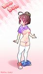  ahoge artist_name bad_id bad_tumblr_id breasts brown_hair bun_bun_(neocoill) buttons character_name collared_shirt commentary dress_shirt english_commentary full_body hair_bun hair_ornament large_breasts looking_back lowleg lowleg_panties navel neocoill nipples original panties pink_background ponytail shirt shirt_lift shoes short_sleeves shorts shorts_pull simple_background smile sneakers solo standing underwear watermark web_address white_legwear 