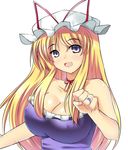  blonde_hair breasts clenched_hand collarbone covered_nipples dress hat highres jewelry large_breasts long_hair looking_at_viewer mob_cap mokkori9 off_shoulder purple_dress purple_eyes ring smile solo tears touhou yakumo_yukari 