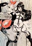  alex_ahad black_hair blue_eyes blue_hair bodysuit breasts eyebrows eyeshadow highres large_breasts makeup marker_(medium) mazinger_z minerva_x multiple_girls red_eyes shin_mazinger_zero skin_tight skindentation thick_eyebrows traditional_media yumi_sayaka 