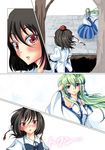  azusayumi_meme bad_id bad_pixiv_id black_hair blue_eyes blush comic detached_sleeves frog_hair_ornament green_hair hair_ornament hat kochiya_sanae long_hair multiple_girls red_eyes shameimaru_aya shirt short_hair snake_hair_ornament tokin_hat touhou translation_request white_shirt 