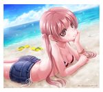  2014 absurdres artist_name ass beach bikini bikini_under_clothes breasts brown_eyes brown_hair cleavage cloud dated day highres long_hair lying mu-. ocean on_stomach original outdoors sandals_removed short_shorts shorts side-tie_bikini sky small_breasts smile solo swimsuit swimsuit_under_clothes twintails 
