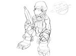  digimon embarrassed english_text erection gun heibanhikaru male monochrome penis ranged_weapon sighing sitting sketch soldier solo text weapon 