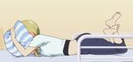  1girl animated animated_gif barefoot bed blonde_hair blush breast_press feet ichii_yui low_twintails lying midriff on_bed on_stomach pillow pillow_hug striped toes twintails yuyushiki 