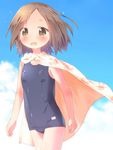  :d blush brown_eyes brown_hair cape fujimiya_kaori isshuukan_friends looking_at_viewer one-piece_swimsuit open_mouth pu-en school_swimsuit short_hair smile solo swimsuit 