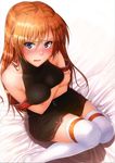  blush breast_press breasts halter_top halterneck highres long_hair lyrical_nanoha mahou_shoujo_lyrical_nanoha_strikers medium_breasts mikuni_mizuki on_bed orange_hair sleeveless sleeveless_turtleneck solo teana_lanster thighhighs turtleneck white_legwear 