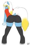 anthro back_turned bedroom_eyes blue_fur clothing ensayne equine female friendship_is_magic fur hair hi_res hooves horse legwear looking_at_viewer looking_back mammal my_little_pony original_character pony presenting raised_tail smile solo standing stockings two_tone_hair yellow_eyes 