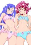  ;p absurdres aida_mana blue_eyes blue_hair blush bow bra braid colorized dokidoki!_precure finger_to_eye highres hishikawa_rikka kazuma_muramasa long_hair multiple_girls navel one_eye_closed panties pink_bow ponytail precure purple_eyes purple_hair ribbon stomach tongue tongue_out underwear underwear_only 