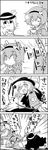  4koma :d blush chair closed_eyes comic commentary cup door drinking greyscale hair_ornament hairband hat hat_ribbon heart highres holding komeiji_koishi komeiji_satori lying monochrome multiple_girls name_tag open_mouth ribbon school_swimsuit short_hair shoujo_kitou-chuu simple_background sitting smile sweat swimsuit table tani_takeshi teacup third_eye touhou translated trembling two-tone_background white_background yukkuri_shiteitte_ne 