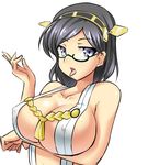  :p bare_shoulders black_hair breast_hold breasts collarbone covered_nipples detached_sleeves glasses green-framed_eyewear hairband highres japanese_clothes kantai_collection kirishima_(kantai_collection) large_breasts mokkori9 no_bra nontraditional_miko open_mouth purple_eyes short_hair sideboob solo tongue tongue_out 