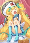  ankle_boots blazblue blonde_hair boots boots_removed character_doll convenient_leg gurasion_(gurasion) jubei_(blazblue) long_hair platinum_the_trinity quad_tails ribbon shoes_removed socks solo very_long_hair white_footwear yawning 
