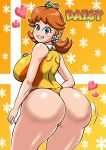  1girl ass bare_shoulders blue_eyes breasts brown_hair crown earrings from_behind grin heart huge_ass huge_breasts jewelry jiggle leotard looking_at_viewer mario_(series) nintendo princess_daisy shiny shiny_clothes shiny_hair shiny_skin short_hair sideboob smile solo super_mario_bros. super_mario_land super_smash_bros. thong_leotard tomboy tonshirou_(christar) 