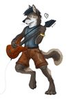  brown_fur canine chasington clothed clothing digitigrade electric_guitar eyes_closed fur grey_fur guitar male mammal plain_background shirt sleeveless_shirt solo standing tank_top white_background wolf wristband yellow_eyes 