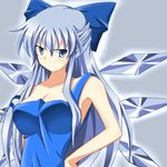  alternate_breast_size alternate_costume alternate_hair_length alternate_hairstyle armpits blue_dress blue_eyes blue_hair breasts cirno collarbone dress hair_ribbon half_updo hands_on_hips highres ice ice_wings large_breasts looking_at_viewer mokkori9 naughty_face older ribbon smile solo strap_slip touhou tsurime wings 