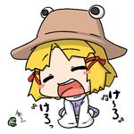  bad_id bad_pixiv_id blonde_hair blush_stickers closed_eyes frog hat inunoko. moriya_suwako musical_note smile touhou translated zun_hat 