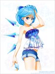  alternate_costume bad_id bad_pixiv_id bare_shoulders blue_eyes blue_hair bow cirno collarbone earrings food frame gari_gari-kun hair_bow hand_in_hair ice ice_wings jewelry looking_at_viewer maco_(macoillust) older popsicle revision short_shorts shorts solo strapless touhou wings 