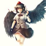  black_bow black_hair black_skirt bow camera feathered_wings hat hou_akira looking_at_viewer pom_pom_(clothes) puffy_sleeves red_eyes shameimaru_aya shirt short_hair skirt smile solo tokin_hat touhou white_background white_shirt wings 