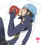  aogiri_(pokemon) apple bandanna black_hair blush eyes_closed food fruit holding male male_focus pokemon simple_background wetsuit 