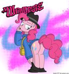  back_turned blue_eyes clothing cutie_mark drako1997 earth_pony equine female friendship_is_magic fur hair hat hi_res hooves horse looking_at_viewer looking_back mammal my_little_pony pink_fur pink_hair pinkie_pie_(mlp) pony presenting raised_tail solo text 