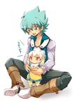  baby bib blue_hair crossover green_eyes green_hair hakuryuu_(inazuma_eleven) inazuma_eleven_(series) inazuma_eleven_go johan_andersen male_focus multicolored_hair multiple_boys red_eyes simple_background sitting tobi_(one) two-tone_hair white_background white_hair younger yuu-gi-ou yuu-gi-ou_gx 