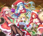  4girls :d :o :q armor_blitz armpit_peek ass back bangs bare_shoulders bell belt bent_over black_legwear blonde_hair blue_eyes blue_hair blush boots bow bowtie box breasts brown_footwear bunny_tail buttons capelet choker christmas christmas_lights christmas_tree cleavage cleavage_cutout closed_mouth crop_top detached_sleeves dress earmuffs elbow_gloves eyebrows_visible_through_hair floating_hair from_behind fur-trimmed_capelet fur-trimmed_dress fur-trimmed_gloves fur-trimmed_skirt fur-trimmed_sleeves fur_trim garter_straps gift gift_box gloves glowing green_eyes green_neckwear green_ribbon hair_between_eyes hair_ribbon hands_up hat heart_cutout holding holding_gift holding_sack kibii_mocha knees_up large_breasts leg_up light_rays long_hair long_sleeves looking_at_viewer looking_back medium_breasts midriff miniskirt multiple_girls namie-kun official_art okazu_(eightstudio) one_side_up open_mouth orange_eyes pantyhose parted_lips pink_hair pinky_out pom_pom_(clothes) purple_eyes red_choker red_dress red_gloves red_hair red_hat red_ribbon red_scarf red_shirt red_skirt ribbon sack santa_costume santa_hat scarf shirt short_hair shoulder_blades sidelocks skirt sleeveless sleeveless_shirt smile snowflakes standing standing_on_one_leg star swept_bangs tail tareme tenmuki thighband_pantyhose thighhighs thighs tongue tongue_out underbust white_capelet white_legwear white_shirt wide_sleeves zettai_ryouiki 