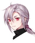  1boy androgynous black_sweater closed_mouth hair_between_eyes kangetsu_(fhalei) light_smile looking_at_viewer male_focus original ponytail portrait red_eyes silver_hair simple_background solo sweater white_background 