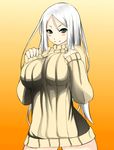  blue_eyes blush breasts colorized kantai_collection kuroteru_(just-shiny) large_breasts long_hair naked_sweater pale_skin ribbed_sweater shiki_(psychedelic_g2) shinkaisei-kan silver_hair smile solo sweater ta-class_battleship 