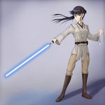  absurdres alternate_costume black_hair crossover energy_sword eyepatch heterochromia highres jatts jedi lightsaber sakamoto_mio smile solo star_wars strike_witches sword weapon world_witches_series 