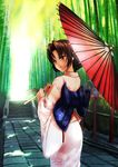  backlighting bamboo bamboo_forest blush brown_eyes brown_hair forest from_behind highres hkn_(ringya) japanese_clothes kara_no_kyoukai kimono lantern looking_back nature obi oriental_umbrella path road ryougi_shiki sash short_hair solo tree_shade umbrella wooden_lantern 