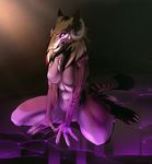  female glowing horn kyander muscles navel pink_eyes sergal sitting solo tattoo teeth 